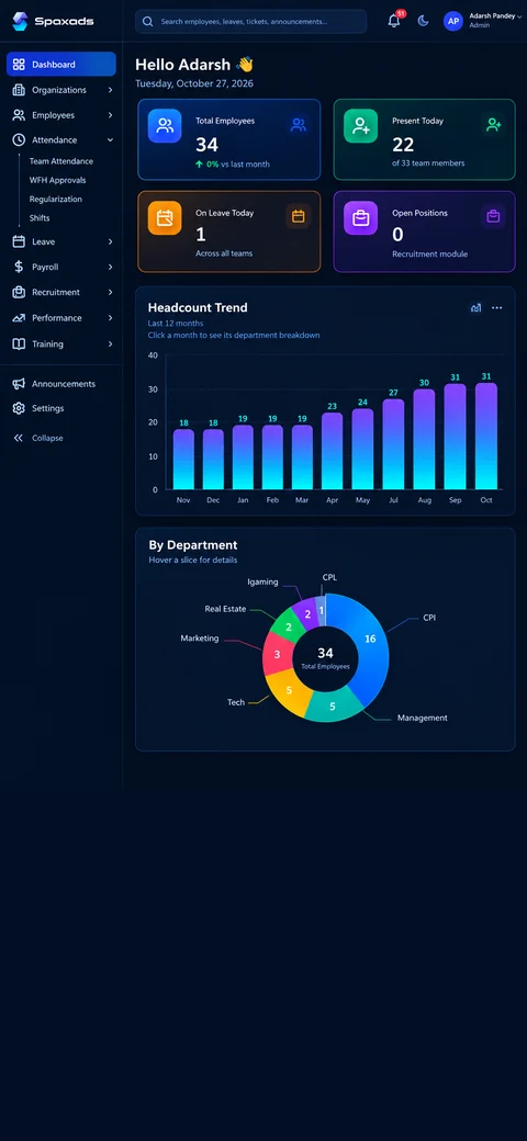 HRMS dashboard on a phone