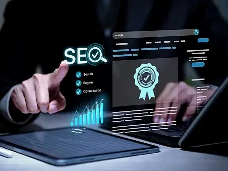 Hands at a laptop and tablet with a floating search results dashboard and a rising chart