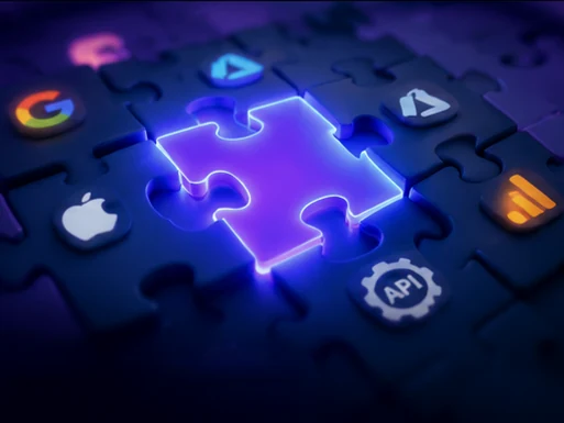 Jigsaw pieces carrying app and service logos, with one glowing piece fitting into place