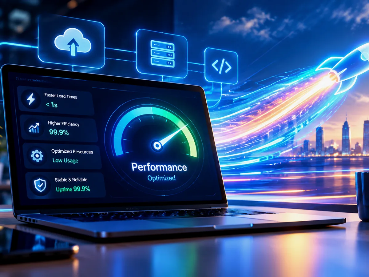 Laptop showing a performance dashboard and speed gauge, with a city skyline at sunset behind it