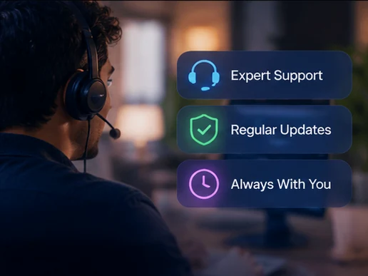 Support agent wearing a headset, beside badges for expert support, regular updates and always-on help