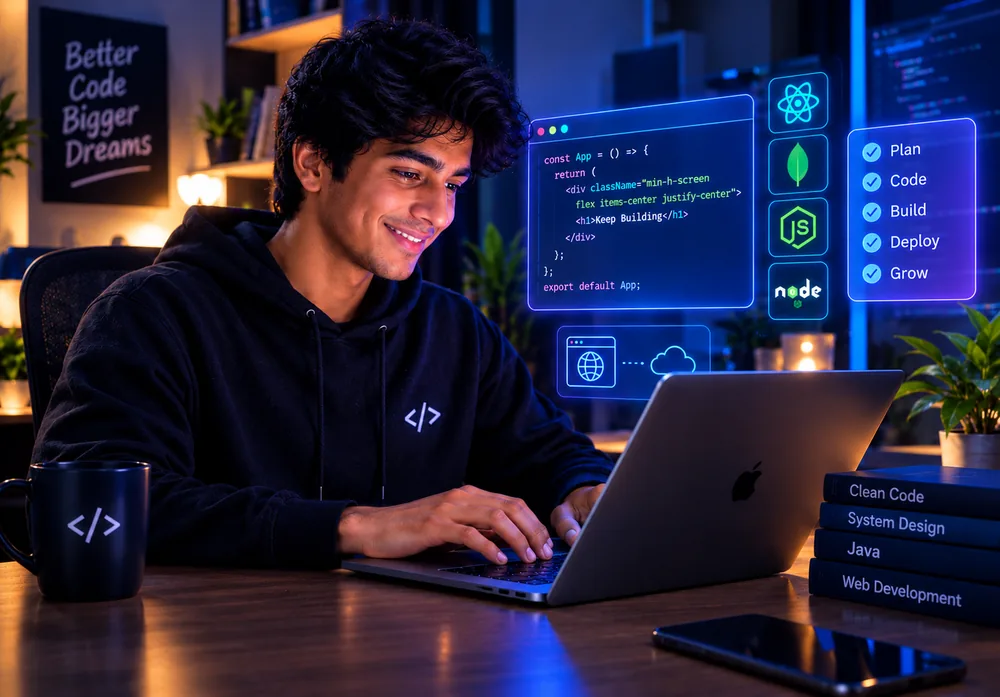 Smiling developer coding on a laptop at night, with code and plan, build and deploy cards glowing beside the laptop