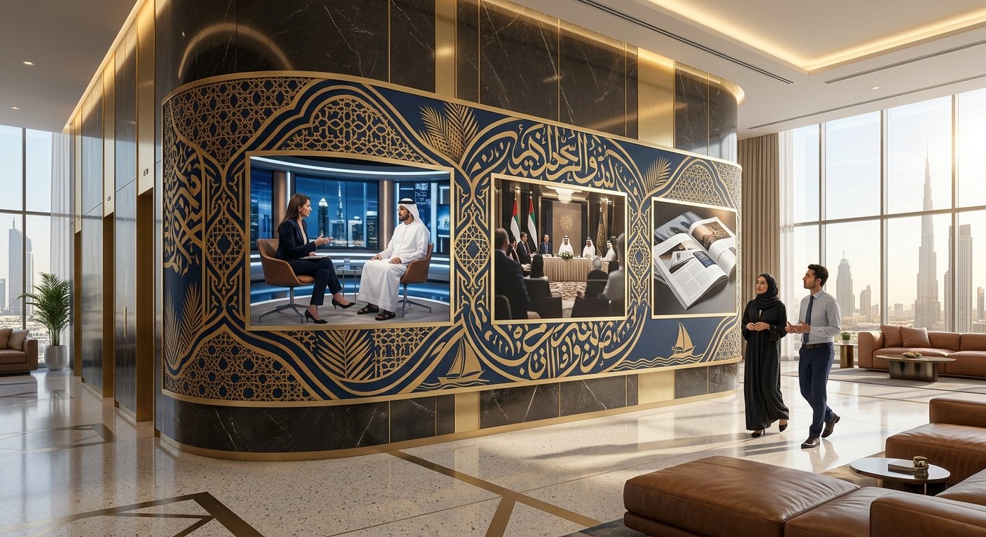 Corporate lobby media wall in Dubai showing a broadcast interview, a press conference and a printed feature spread